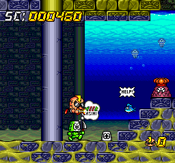 Super Air Zonk: Rockabilly-Paradise (TurboGrafx CD) screenshot: If you help these guys, you get a power up