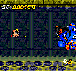 Super Air Zonk: Rockabilly-Paradise (TurboGrafx CD) screenshot: Boss battle against a fat metallic dude