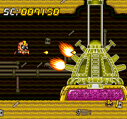 Super Air Zonk: Rockabilly-Paradise (TurboGrafx CD) screenshot: Battle in a cave against... an OVEN?..