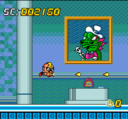 Super Air Zonk: Rockabilly-Paradise (TurboGrafx CD) screenshot: The TV stage is hilarious. You see portraits of Sandrovitch...