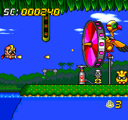 Super Air Zonk: Rockabilly-Paradise (TurboGrafx CD) screenshot: Fighting an annoying wheel, powered up by little guys