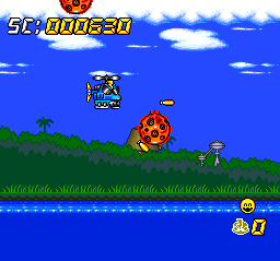Super Air Zonk: Rockabilly-Paradise (TurboGrafx CD) screenshot: I am a HELICOPTER now!..