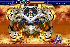 Gunstar Super Heroes (Game Boy Advance) screenshot: The boss tries to squash us with Yellow's ship.