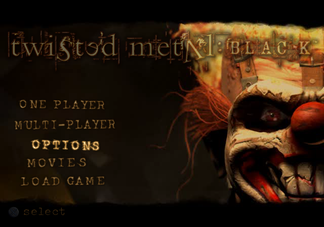 Twisted Metal: Black (PlayStation 2) screenshot: Title screen with main menu.