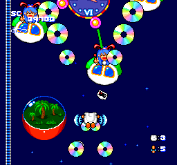Star Parodier (TurboGrafx CD) screenshot: This power up upgrades your HuCard PC Engine to CD :) Mini-boss battle against two cute anime girls, with toy railway as background