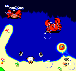 Star Parodier (TurboGrafx CD) screenshot: Mid-boss battle on a sunny beach against two crabs