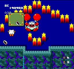 Star Parodier (TurboGrafx CD) screenshot: This boss battle is against a crazy jumping dude who throws boxes at me