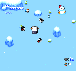 Star Parodier (TurboGrafx CD) screenshot: This level features little snowmen at first...