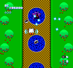 Star Parodier (TurboGrafx CD) screenshot: Flying over a garden. Wizards appear suddenly and shoot at me