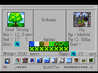 SimEarth: The Living Planet (TurboGrafx CD) screenshot: Forests might be thriving, but industrial age cities overpower them!