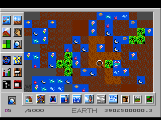 SimEarth: The Living Planet (TurboGrafx CD) screenshot: Rocky area with rivers and diverse creatures