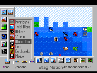 SimEarth: The Living Planet (TurboGrafx CD) screenshot: List of natural disasters. Atomic bomb is one of them...