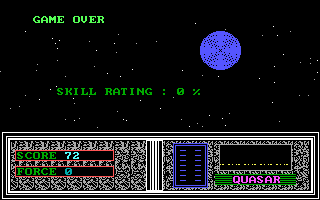 Quasar (DOS) screenshot: Game over... the computer is NOT impressed.