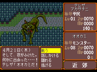 Princess Maker (TurboGrafx CD) screenshot: Fighting a wolf at night