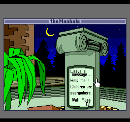 The Manhole (TurboGrafx CD) screenshot: Wall Russ? What's next - "Lie On"? "Jag You Are"? "Al E. Gator"? I can make those up too, you know :)