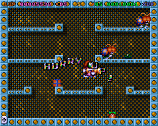 Super Methane Bros (Amiga CD32) screenshot: Exterminating a couple of bugs.