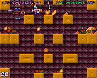 Super Methane Bros (Amiga CD32) screenshot: Aha! A bonus level. With lots of cheese.