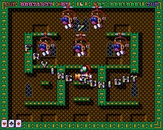 Super Methane Bros (Amiga CD32) screenshot: Once the enemies have been engulfed in a cloud of gas, I have to suck them up again and release them against a wall, where they transform into bonus items.