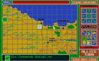 Vulcan: The Tunisian Campaign (Atari ST) screenshot: Giving orders to Allied unit near Bone