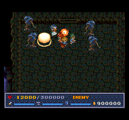 The Legend of Xanadu II (TurboGrafx CD) screenshot: Intense battle in a dark room