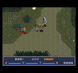 The Legend of Xanadu II (TurboGrafx CD) screenshot: The party fights pesky flies on the way to forest