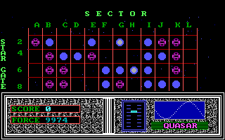 Quasar (DOS) screenshot: Consulting the full sector map (whatever those icons are)