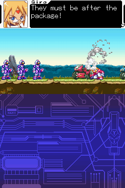 Mega Man ZX (Nintendo DS) screenshot: 'The package'. Giving us a sense of mystery right from the get go. Unusual for a platformer.