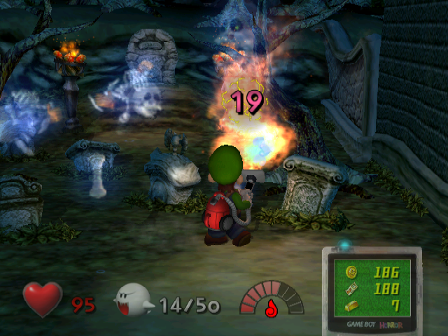Luigi's Mansion (GameCube) screenshot: Hitting skeleton ghosts with fire