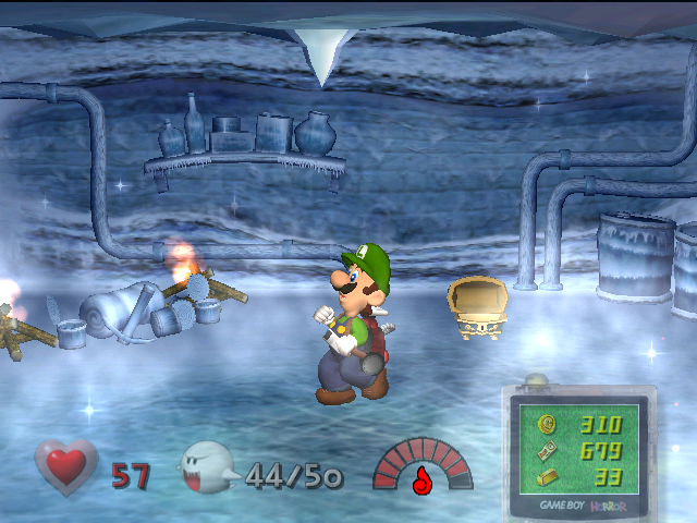 Luigi's Mansion (GameCube) screenshot: Frozen room in the basement (slippery!)