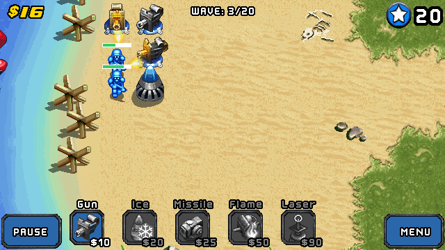 Mega Tower Assault (J2ME) screenshot: The ice tower can be used to slow down the enemy movment.