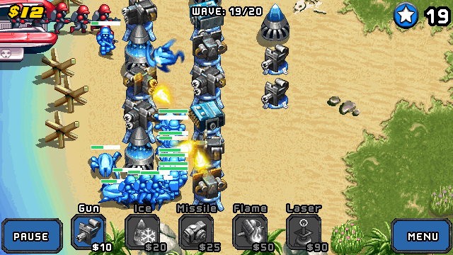 Mega Tower Assault (J2ME) screenshot: A few waves into the game and things start to get really hectic