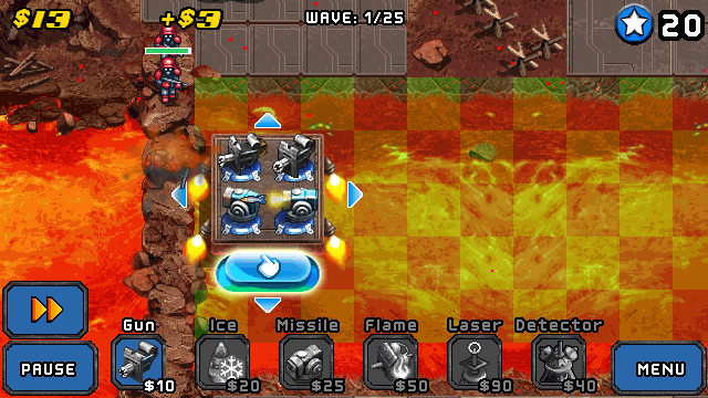 Mega Tower Assault (J2ME) screenshot: The lava levels feature platforms that can be moved around by the player.