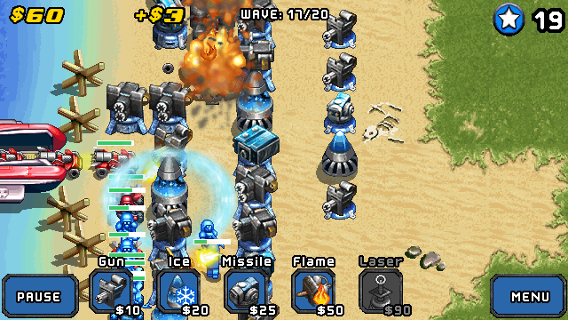 Mega Tower Assault (J2ME) screenshot: Towers can be upgraded for some massive fire power.
