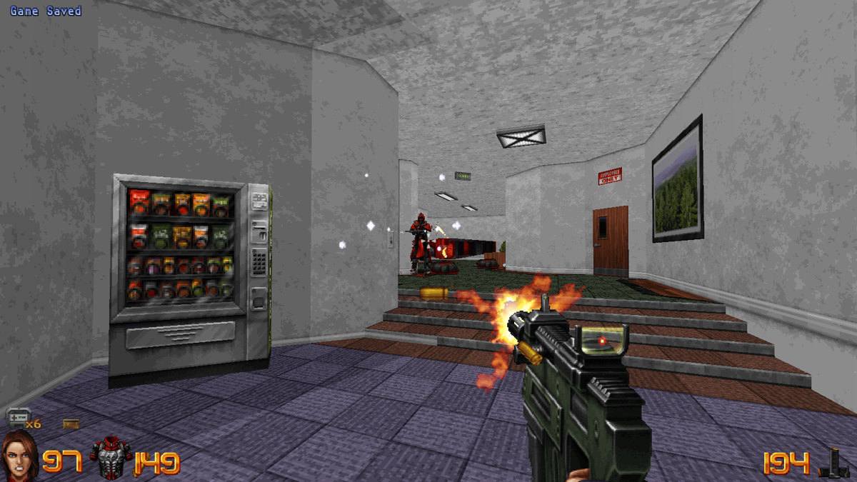 Ion Fury (Linux) screenshot: SMG-9000 (got it?) in action.