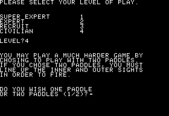 Laser Turret (Apple II) screenshot: Difficulty options