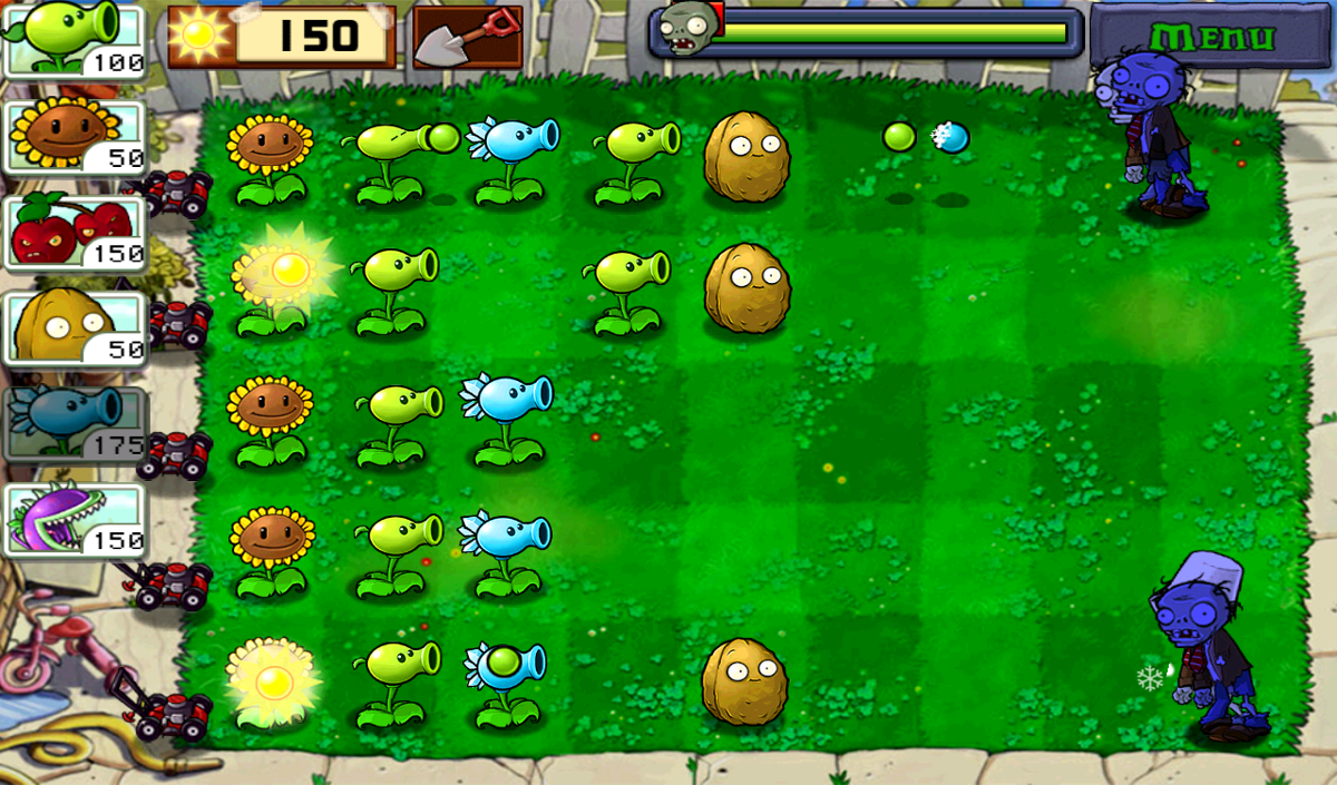 Plants vs. Zombies (Android) screenshot: A well-defended garden