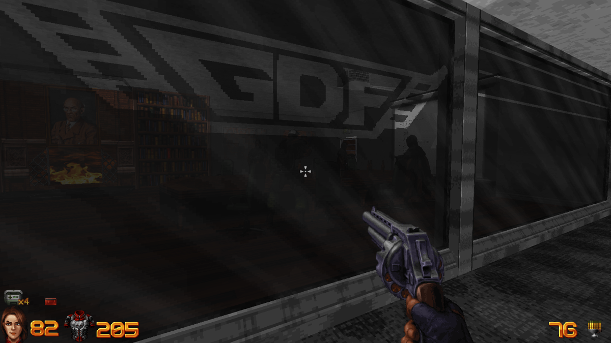 Ion Fury (Linux) screenshot: The game makes extensive use of bulletproof glass walls, giving the player a strategic advantage over the numerous enemies.