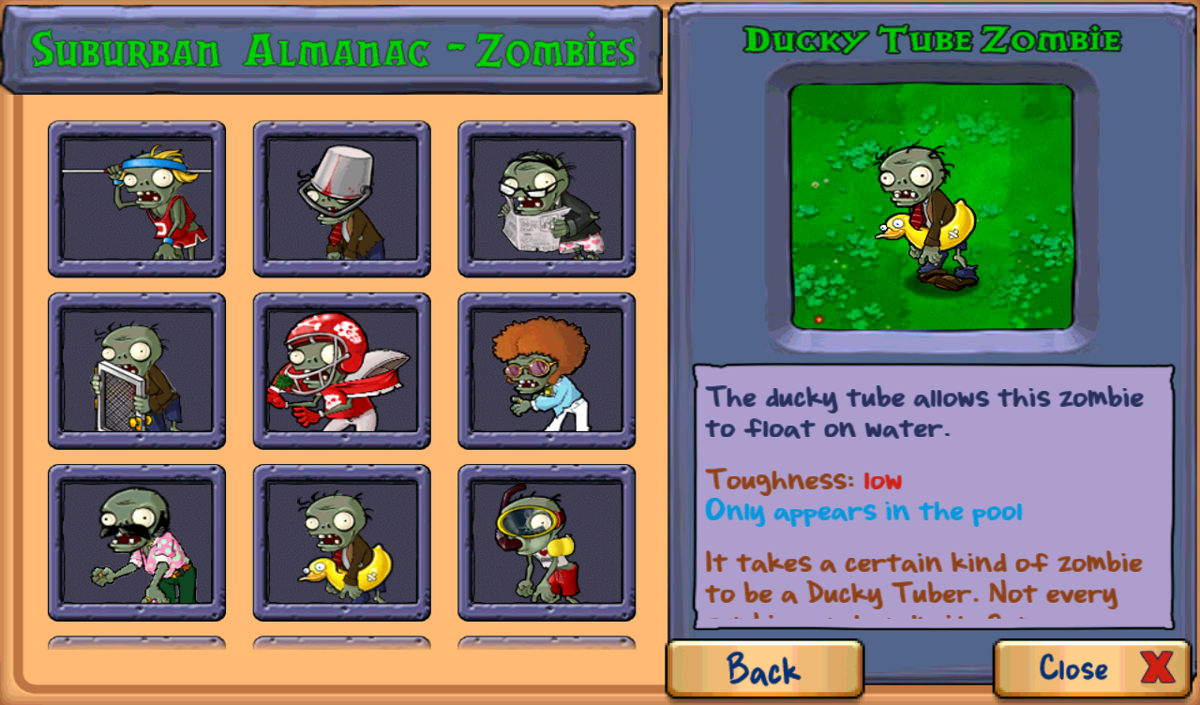 Plants vs. Zombies (Android) screenshot: Suburban Almanac: Zombie descriptions