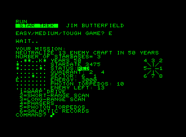 Super Trek (Commodore PET/CBM) screenshot: Commands