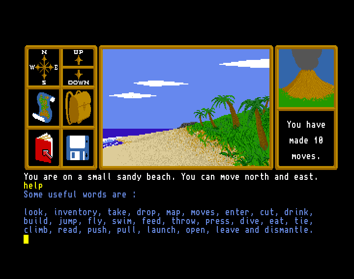 Jara-Tava: The Isle of Fire (Amiga) screenshot: The book icon enters the "help" command. How... helpful.