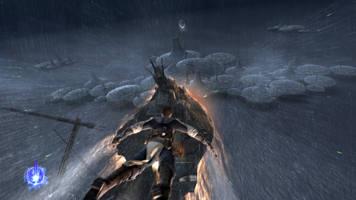 Star Wars: The Force Unleashed II (Windows) screenshot: Epic fall from the sky. This guy is unstoppable.