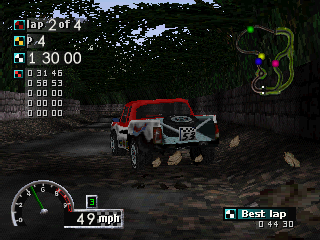 Rally Cross (PlayStation) screenshot: If you go too fast, leaves will fly all over the place.