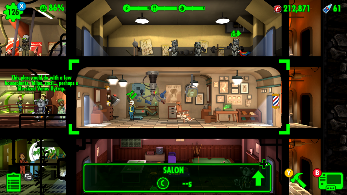 Fallout Shelter (Xbox One) screenshot: Upgrade the barbershop and you can customize a dwellers facial features.