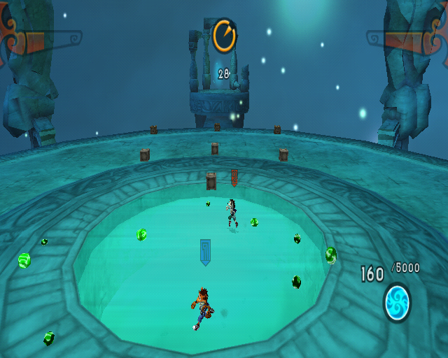 Crash of the Titans (PlayStation 2) screenshot: Bonus stage - collect the mojo (green spheres)
