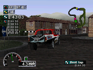 Rally Cross (PlayStation) screenshot: Racing inside cities can be dangerous.