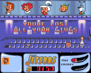 Jetsons: The Computer Game (Amiga) screenshot: Lost all my lives - GAME OVER!