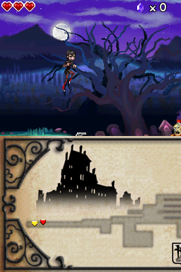 Hotel Transylvania (Nintendo DS) screenshot: Mavis jumps into action! (The yellow arrow represents Mavis, while the red represents a character of your current objective)