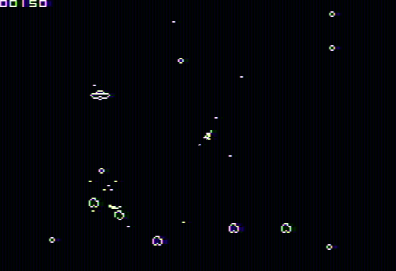 Asteroid (Apple II) screenshot: An enemy ships appear