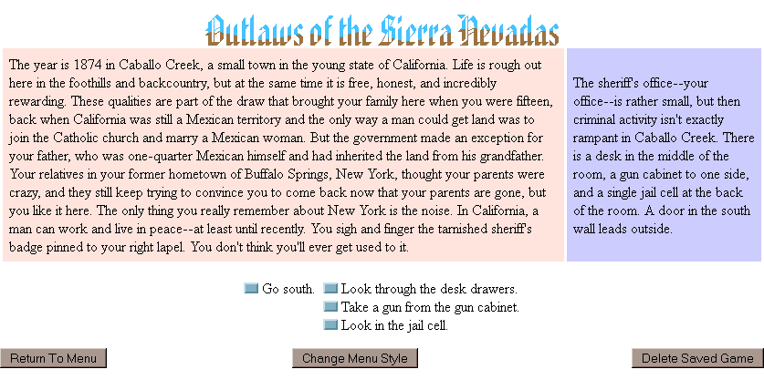 Outlaws of the Sierra Nevadas (Browser) screenshot: The introductory paragraph.
