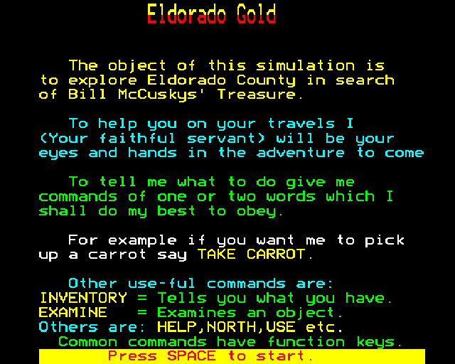 Eldorado Gold (BBC Micro) screenshot: Instructions